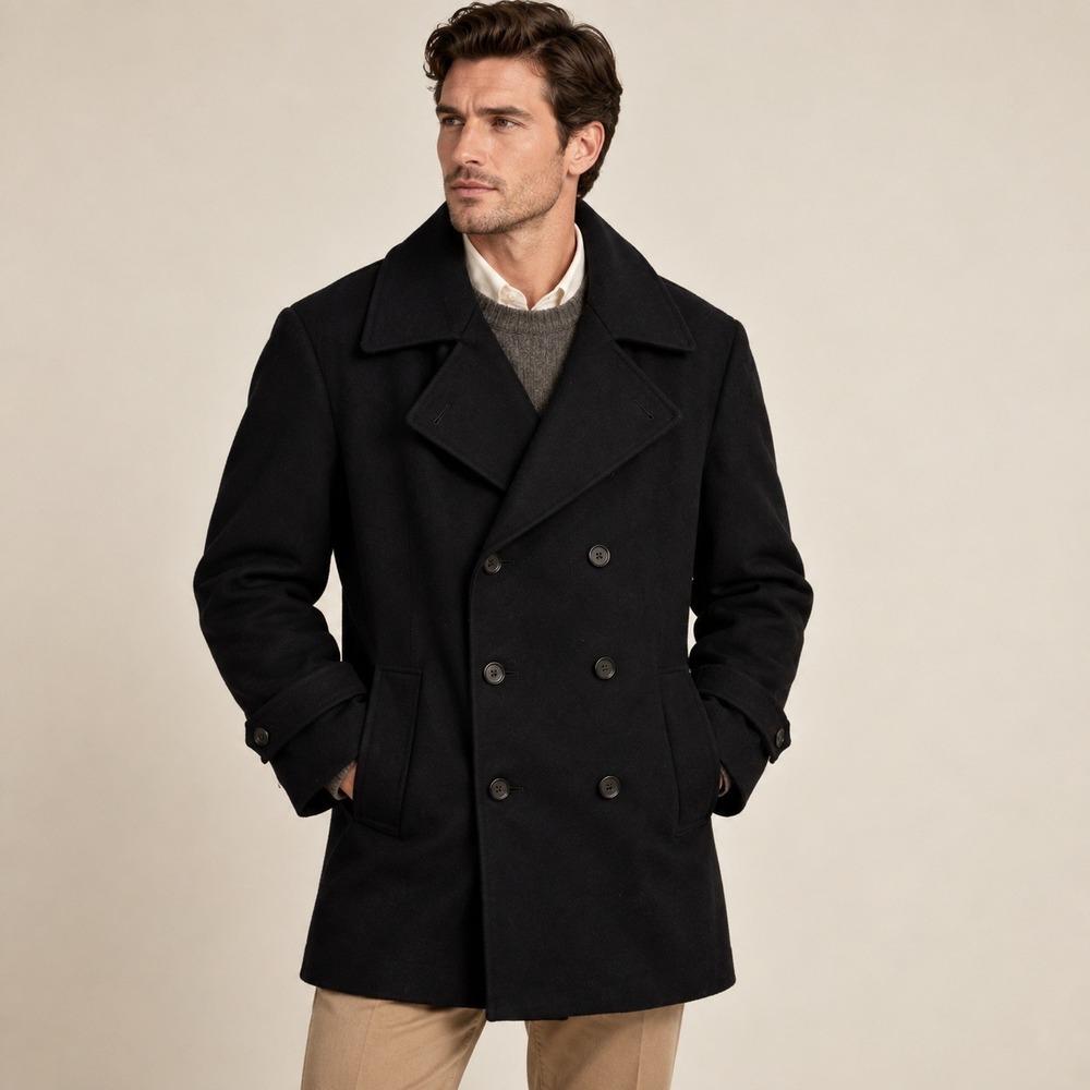 Jos A Bank Peacoat Men L Black Wool Blend Double Breasted Heavyweight Tailored